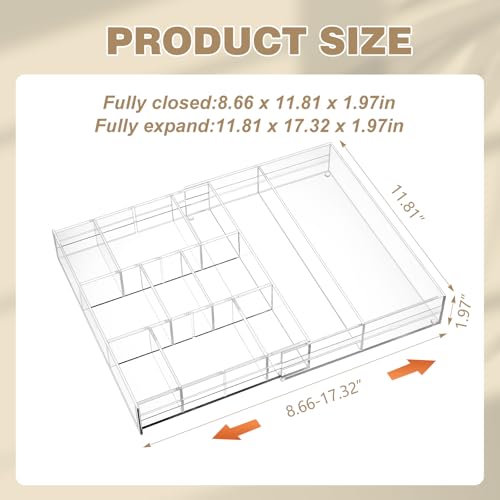 Briwooody 2 Pcs Acrylic Desk Drawer Organizer Maximum 11.8 x 17 x 1.9 Inch Expandable Drawer Organizer Trays with 7 Adjustable Compartments Desk Accessories for Makeup Silverware Office Bathroom - size: 11.8 x 17 x 1.9 Inch