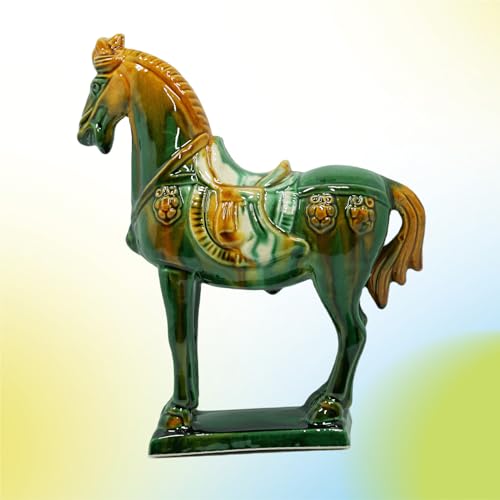 Handmade Tang Dynasty Tri-Color Horse Ceramic Sculpture - 19cm Traditional Chinese Cultural Art Decor - Symbol of Prosperity & Good Fortune - Perfect for Home, Office, Bookcase Shelf (Green) - color: Green