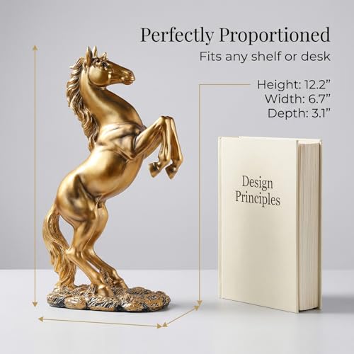 Golden Rearing Horse Statue for Home Decor - 12.2" Antique Gold Resin Stallion Sculpture - Lucky Feng Shui Figurine for Office Desk, Bookshelf & Business Gifts (Symbol of Success) - color: Golden