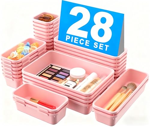 A-LuGei 【𝟮𝟴𝗣𝗖𝗦】 【𝟱𝗦𝗶𝘇𝗲】 Pink Drawer Organizer, Makeup organizer, 【Holds 177 Items】 Bathroom Organizers and Storage, Plastic Desk Organizer Divider, Organizer Bins for Office Vanity - color: Pink