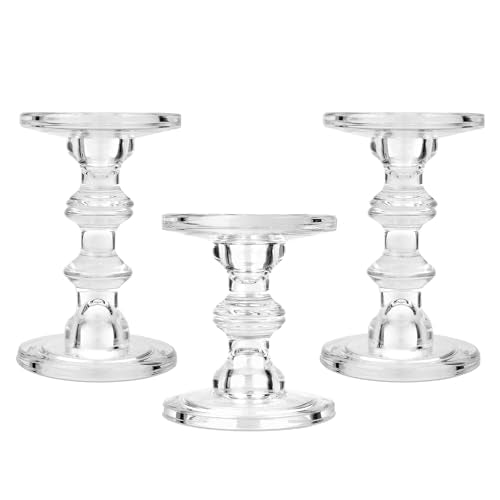 CHILL RECIPE Glass Candle Holder Set of 3, Big Heavy Tall Crystal Candlestick Holder for Pillar Candles Taper Candles, Christmas Decoration Wedding Table Dinning Church Centerpiece - color: Clear
