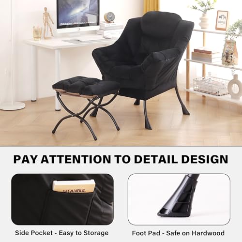 Tiita Lazy Chair with Ottoman, Black Modern Large Accent Chair, Comfy Leisure Sofa Armchair with Ottoman, Reading Chair with Footrest for Bedroom, Living Room, Dorm Rooms, Velvet Black - color: Black