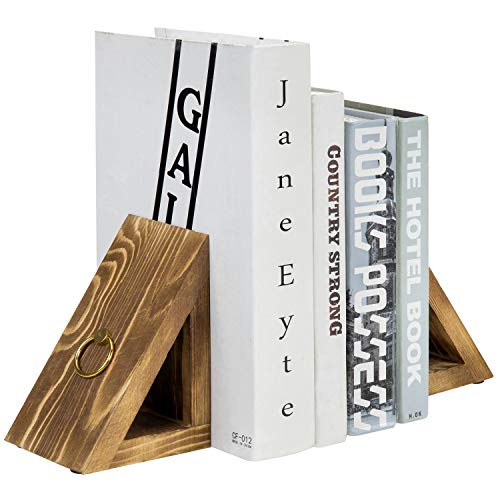 MyGift Brass Wood Decorative Bookends Triangular Design, Office Desk Wooden Book Ends, Book Stand for Shelves with Tone Ring Accent, Rustic Burnt - color: Burnt Wood Triangular