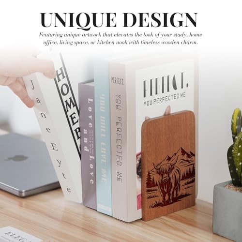 Highland Cow Gifts for Women, Scottish Cow Bookends, Heavy Duty Wooden Bookends for Shelves Decorative(1 Pair, 4.72x6.69 Inches) - Scenery - color: Scenery