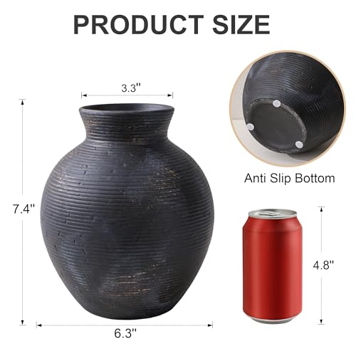 Ceramic Flower Vase Home Decor, 7.4 in Farmhouse Table Vase Retro Vintage Living Room Kitchen Bedroom Decoration Pottery Decorative Vases for Flowers House Shelf Office Desk Dining Entryway, BlackGold - color: 7.4 in - Black Gold