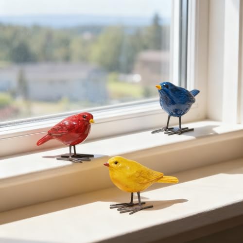 DiliComing Bird Figurines Home Decor - 3 Pcs Small Resin Animal Statues, Decorative Colorful Birds Sculpture for Shelf Desk Garden Decorations, Gift for Bird Lover