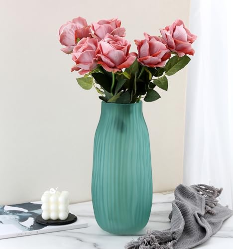 Modern Ribbed Glass Vase 12in Frosted Green Elegant Decorative Vases for Home Flowers Bouquet Arrangements, Centerpieces, Dinner Table,Office Decor - color: Frosted Green, size: H-12.0IN