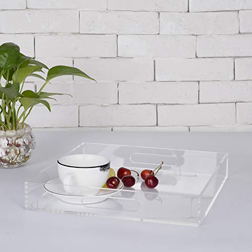 KEVLANG Clear Sturdy Acrylic Serving Tray with Handles - 10x10Inch - Coffee, Appetizer, Breakfast, Butler Tray - Kitchen Countertop & Vanity Table Organizer - color: Clear, size: 10" x 10" x 2"