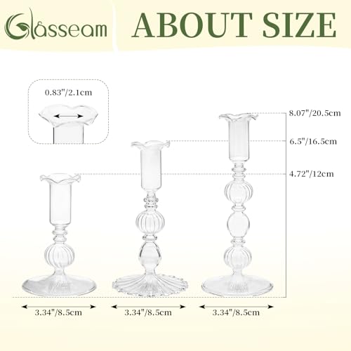 Glasseam Glass Tapered Candlestick Holders: Set of 3 Clear Candle Sticks Holder Decor with Bobeche Modern Ribbed Taper Candle Holders for Table Centerpiece Christmas Wedding Home Decorations - color: Clear