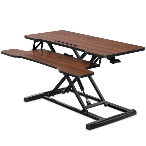 FITUEYES Height Adjustable Standing Desk 36” Wide Sit to Stand Converter Stand Up Desk Tabletop Workstation for Laptops Dual Monitor Riser Brown SD309102WE - color: Brown