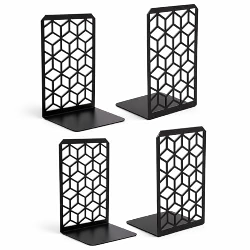 Geomod 3D Cube Black Metal Bookends Decorative for Heavy Books - Sturdy Boho Book Stops - Minimal Book Shelf Stopper - Durable Office Bookends - Weighted Metal Book Holders - 7x4.75 Inches - 2 Pair - color: Black, size: 2 Pairs, style: 3D Cube