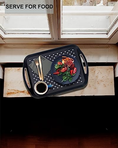 Large Nonslip Serving Tray with Handles, Silicone Grippy Dots Lap Food Trays for Eating, Dishwasher Safe Serve for Breakfast Dinner Snack Fruit Appetizers Beverage, Rectangular, Set of 2, Black - color: Black