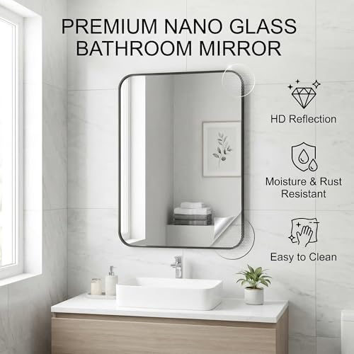 Koonmi Metal Framed Bathroom Mirror, 24"X36" Anti-Rust Bathroom Vanity Mirror, High-Definition Tempered Glass Bathroom Mirrors for Over Sink, Modern Decorative Wall Mirror for Restroom - color: Rounded Edged, size: 36"L x 24"W