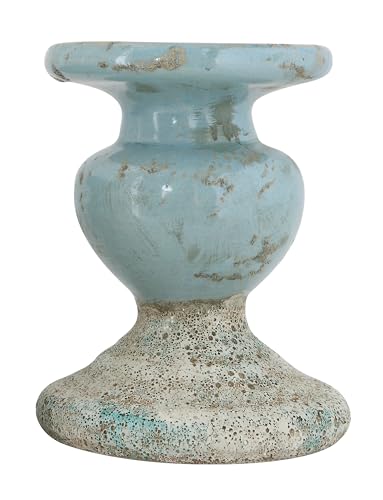 Creative Co-Op Large Distressed Blue Terracotta Pillar Candle Holder - color: Blue, size: 5.5" W x 6.5" H
