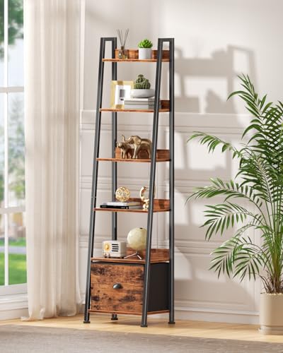Furologee 6 Tier Ladder Shelf,Ladder Bookshelf with Drawer,Industrial Tall Bookcase,Storage Rack Organizer,Wood Metal Freestanding Shelves for Living Room, Home Office, Bedroom,Rustic Brown - color: Rustic Brown, size: 6-Tier, 15" W