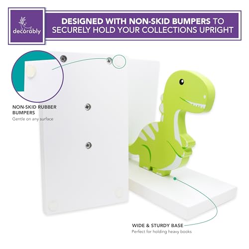Decorably Stego and Trex Dinosaur Book Ends for Kids Books - 1 Set Non-Skid Wooden Decorative for Boys Room, Baby's Nursery, Classroom Decor - style: Stego & Trex