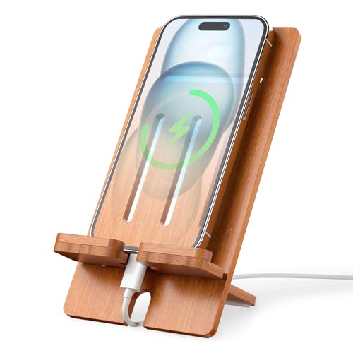 Pezin & Hulin Bamboo Cell Phone Stand, Wood Dock Holder, Portable Desktop Phone Rack, Compatible with Mobile Phone and Tablet -Slim Version (Brown) - color: Slim (Brown)