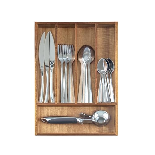 KITEISCAT Acacia Wood Silverware Organizer, Kitchen Utensil Drawer Organizer for Forks, Knives & Spoons, 5-Compartment Cutlery Tray, Flatware Holder - size: 5 Compartments