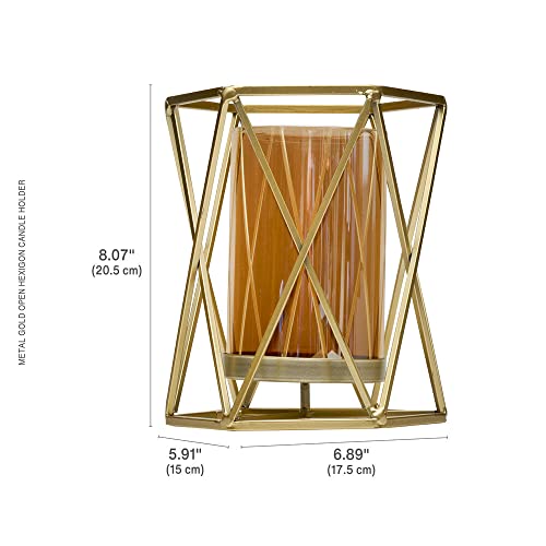 Elements 6.89x5.91x8.07 Inch Metal Gold Wire Hexagonal Candle Holder, Amber Glass Cylinder, for Use with Pillar Holder, Modern, Contemporary