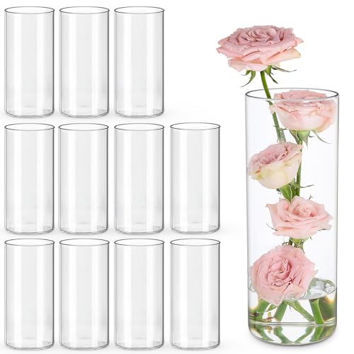 UPBUD 12pcs Glass Cylinder Vases for Centerpieces | 8 Inch Clear Flower Vase for Wedding Decorations, Floating Candle vases for Dinner Table, Bridal Shower, Office Home Décor - color: 8 Inch
