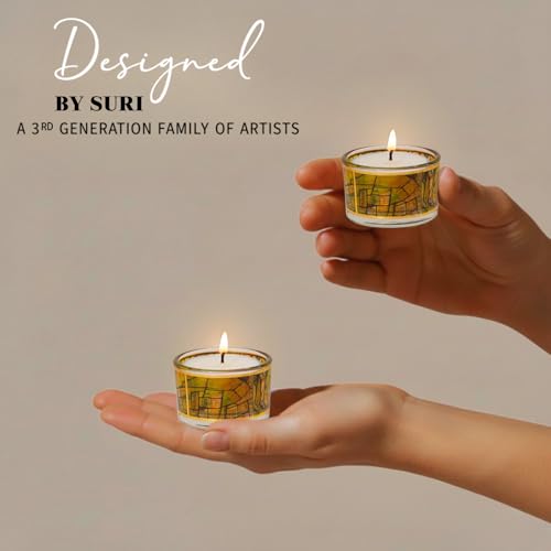 SURI Chagall Style Shabbat Candle Holders Set of 2 – Glass Shabbos Sabbath Tea Light Holders, Jewish Home Décor - color: Yellow (Chagall), size: Short