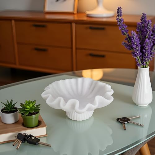 10" Large Decorative Bowl decor - milky white Scalloped Decorative Bowls for Home Decor - Organic Fluted Modern Home Decor,Ruffle Decor key bowl,bowl for keys - color: Milky White-With base, size: 10inch