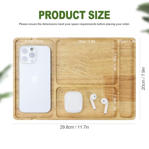 Buqoo Rubberwood Valet Tray with Cable Slot - 11.7 x 7.9 Inch Wooden Catch All Organizer Tray, Desk & Nightstand Organizer for Keys, Wallet, Jewelry, Phone, Watch, Earbuds