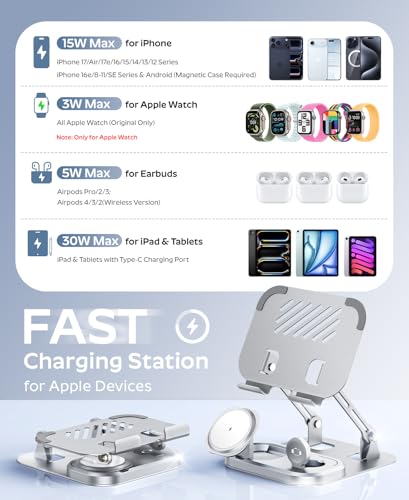 65W 5 in 1 Charging Station for Apple Multiple Devices, with 30W Fast Wired Charging Stand for iPad/Tab, Foldable Wireless Charger Design for Magsafe Charger for iPhone 17 16/Apple Watch/AirPods4