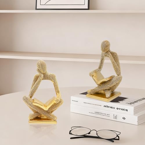 Sparkling Gold Reading Women Statue Set, Thinker Sculptures, Abstract Art Ornament, Modern Aesthetic Figurine Decoration for Home Living Room Bedroom Office Shelf Table Desk Bookshelf Decor - color: Left + Right