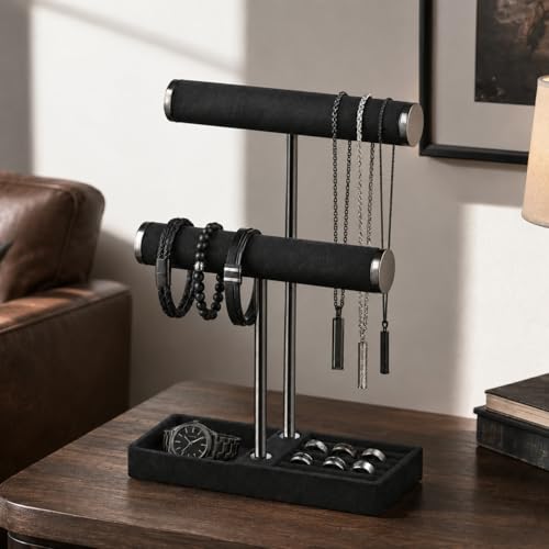 bussdis 2 Tier Bracelet Holder Display - Detachable T Bar Black Velvet Bracelet Holder, Jewelry Holder Organizer for Bracelet, Necklace, Earrings, Rings - color: Black