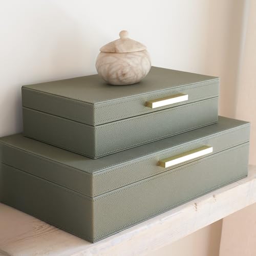 ZICOTO Decorative Storage Boxes with Lids – Set of 2 Beautiful PU Leather Organizer Bins for Your Bookshelf Home Decor - Safely Store Photos, Documents and Memory Box Keepsakes in Style - color: Sage