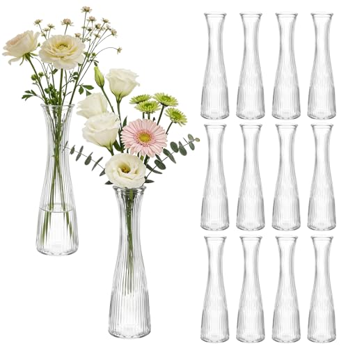 12 PCS Glass Bud Vases in Bulk, 8.5” Tall Clear Ribbed Flower Vases for Centerpieces, Textured Minimalist Small Vases for Flower, Home Office Wedding Table Decorations