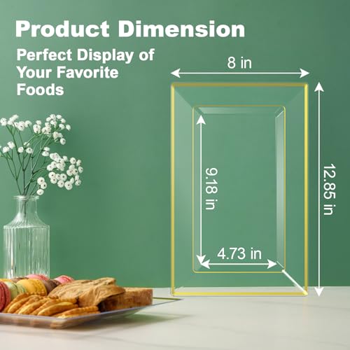 FOCUSLINE 8 PCS Plastic Serving Trays for Party, Clear and Gold Rim Serving Platters and Trays, Premium Plastic Fruit Tray, Disposable Platters for Cupcake, Dessert, Appetizers - color: Clear