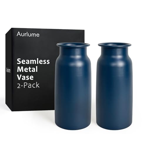 Set of 2 Navy Blue Seamless Metal Flower Vase, 10.8" Tall Modern Matte Blue Floral Vase Pair, Shatterproof Leakproof, Sophisticated Home Decor Centerpiece for Table, Mantle, Shelf - color: Dark Blue
