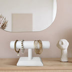 MOOCA 2 Pcs T-Bar Deluxe Wooden Bracelet Holder Display, Watch Hoder, Bracelet Display Stand, Jewelry Stand Organizer, White Leatherette - color: White Faux Leather, 2 pieces