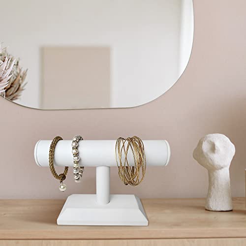 MOOCA 2 Pcs T-Bar Deluxe Wooden Bracelet Holder Display, Watch Hoder, Bracelet Display Stand, Jewelry Stand Organizer, White Leatherette - color: White Faux Leather, 2 pieces