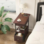 SOOWERY End Table with Charging Station, Narrow Side Table with Flip Top Cabinet and Fabric Drawer, Nightstand Bedside Tables for Small Spaces, Bedroom, Living Room, Dark Cherry - color: Dark Cherry