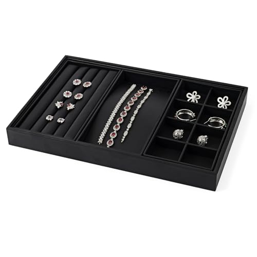 Oirlv 4 in 1 Black Premium Leather Multifunctional Jewelry Display Tray for Rings,Earrings and Bracelets Organizer and Storage - style: P01708