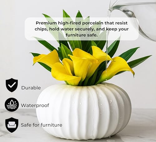 Pots & Patterns 11" Large White Ceramic Flower Vase - Modern Ribbed Low Profile Centerpiece for Dining Table & Home Decor