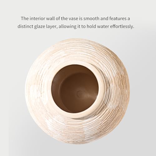 Rustic Farmhouse Vase Home Decor - 6 in Ceramic Boho Decorative Vase for Decor, Round Clay Whitewashed Terracotta Bowl vase for Living Room, Table, Shelf, Centerpieces - style: Rustic Ribbed Whitewash