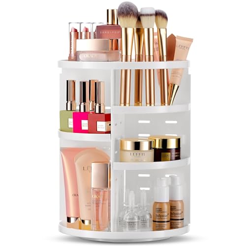 Masirs 360 Rotating Makeup Organizer for Vanity, Adjustable Shelf Height, Large Capacity Cosmetic and Skincare Storage, Lazy Susan Perfume Organizer for Dresser, Bathroom Countertop, White - color: White
