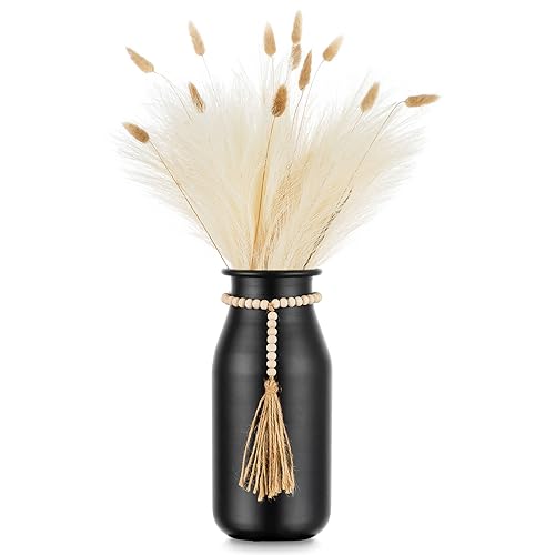 Sziqiqi Black Decorative Flower Vase - 9in Boho Vase with Bead Strings for Pampas Grass Vintage Metal Vases for Table Home Decor Matte Cylinder Vase for Artificial Flowers Rose Twigs - style: Boho Black Flower Vase