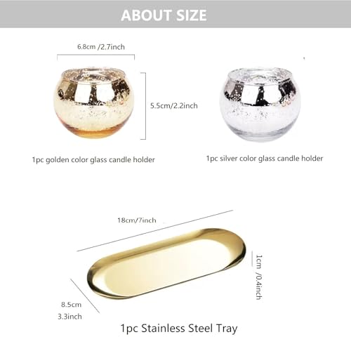 Glass Candle Holder with Golden Color Stainless Steel Tray Set, Glass Tea Light Candle Holder for Table Centerpiece, Candle Dish Coffee Table Decor Festival Home Decorations Jewelry Make Up Organizer