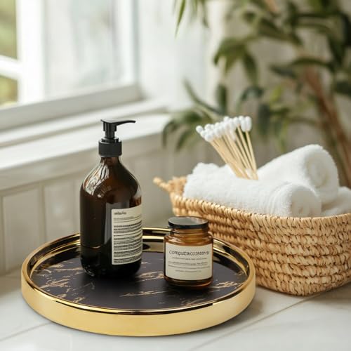 Small Round Black Decorative Tray – Marble Look Jewelry Dish, Perfume Organizer, Makeup Vanity Tray for Dresser, Counter, or Bedroom - color: Black, size: 8.6"