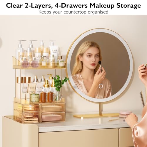 SNSLXH 4 Drawers Makeup Organizer - 4 Tier Makeup Storage, Cosmetics Organiser, Ideal for Cosmetic, 4 Dividers with Drawers for Countertop, Bathroom, Office Supplies, Dresser Transparent Tawny - color: Tawny