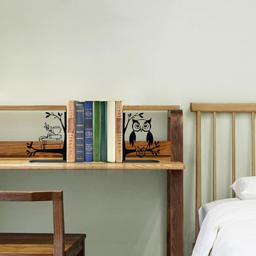 Owl and Books Metal Bookends Cute Owl Book Ends for Shelves Bookshelf Decorative Objects Home Office Desk Gift for Owl Lover（Black）