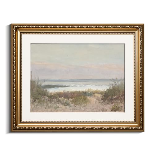 VIYYIEA Gold Framed Wall Art Canvas Print Home Decor Classical Coastal Scenery Bathroom Pictures Wall Decorations Farmhouse Wall art Room Decor Kitchen Office Bathroom Art Prints Wall Decor 13x16in - color: Beach Grass and Surf, size: 16"L x 13"W
