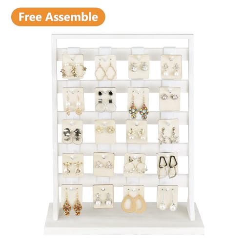 Ikee Design Free Assemble 2 Pcs Set Wooden Jewelry Display Rack with 20 Removable Metal Hooks/Each, Earring Card Display Holder Stand for Necklaces,Bracelet, Keychain Stand, Wash White - color: e) Wash White w/White Hook, 2 Pieces