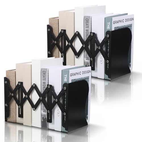 2 Pcs Adjustable Bookends, 2 Dividers, Metal Book Ends for Heavy Books Anti-Slip Book Organizer for Desk Shelves Office, Extends up to 19 inch (Black)
