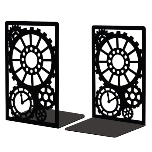 Peacoblue Metal Bookends for Shelves, Modern Decorative Heavy Duty Study Book Support Stoppers for Office, Desk, Shelf, Room 5.3"x4.3"x7.9" Cast Iron Simple Tall Bookends, 1 Pair (Steampunk Gear) - style: Steampunk Gear